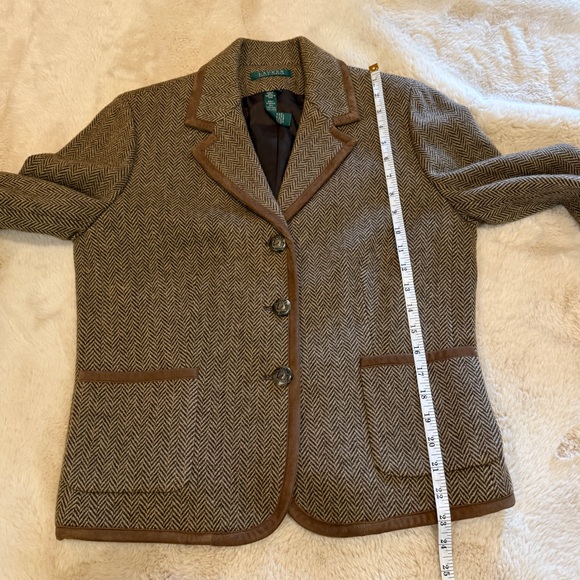 Lauren Ralph Lauren Brown Herringbone Wool-Blend Suede Detail Blazer Jacket - Picture 7 of 13
